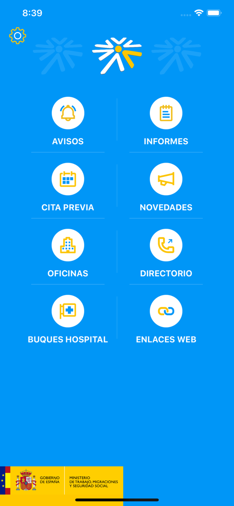 A tela inicial do aplicativo móvel Seg-Social exibindo ícones de menu para serviços da Seguridade Social espanhola