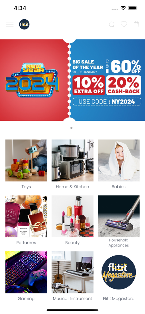 Flitit app home screen featuring a New Year 2024 sale banner and various shopping categories including toys, beauty, and electronics