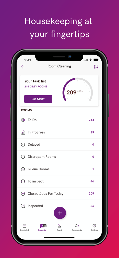 MessageBox app interface displaying a room cleaning task list and progress dashboard for hotel staff
