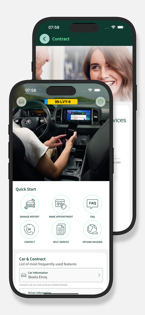 Panel de la aplicación Skoda Private Lease mostrando funciones de inicio rápido e información del contrato del coche