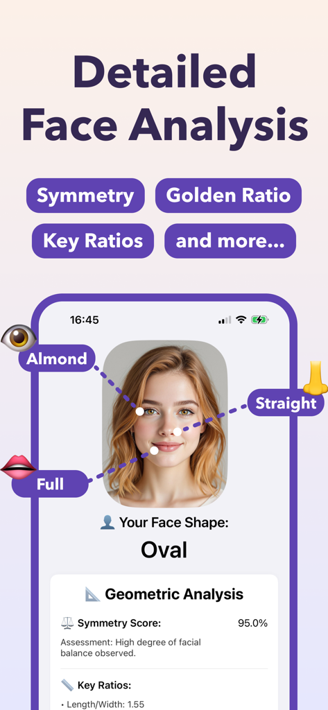 Ein detaillierter Gesichtsanalysbericht, der eine herzförmige Gesichtsform und einen Symmetriewert zeigt