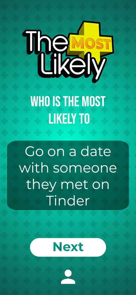DrinksApp party game interface for The Most Likely To category showing a question about going on a Tinder date