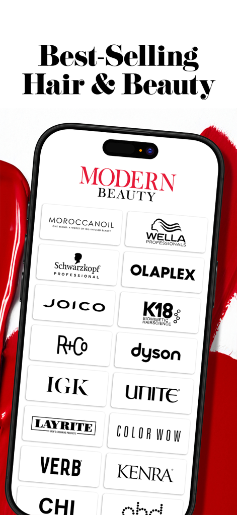 Ein Smartphone-Bildschirm, der ein Raster von Top-Haar- und Schönheitsmarken in der Modern Beauty App anzeigt.