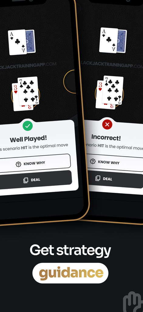 Blackjack Apprenticeship BJ 21 - ブラックジャック・アドバンテージアプリのインターフェース、ハンドの正誤戦略フィードバックを表示