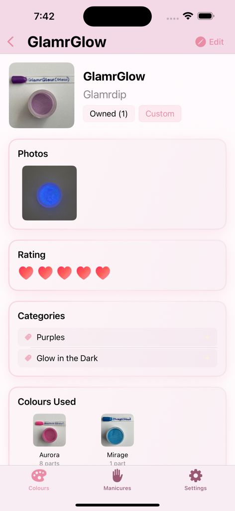 NaildIt - NaildIt 앱의 GlamrGlow라는 맞춤 네일 색상 레시피 상세 보기.