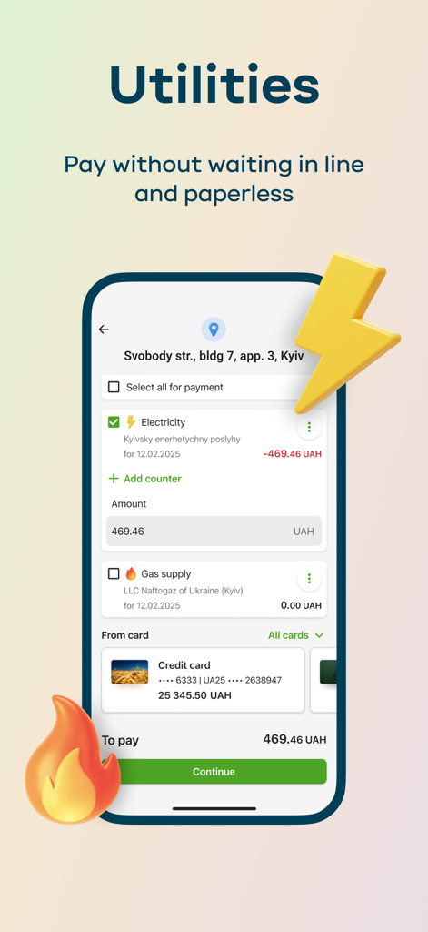 Privat24 mobile app screen for paying electricity and gas utility bills in Ukraine