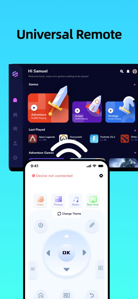 Universal TV Remote -TV Remote - Smartphone exibindo uma interface de controle remoto universal com botões direcionais e um painel de jogos de smart TV.
