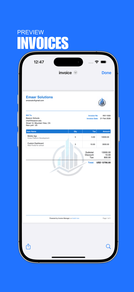 Captura de tela de iPhone mostrando uma prévia de fatura profissional com detalhes da empresa e valor total
