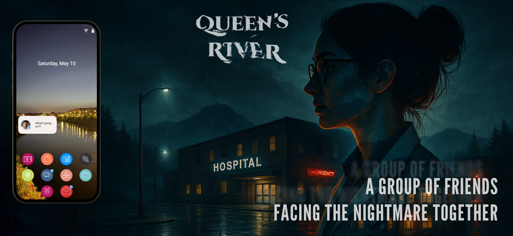 Queen’s River: Mystery Game - Uma mulher olha para um hospital escuro à noite no jogo de mistério Queen's River.