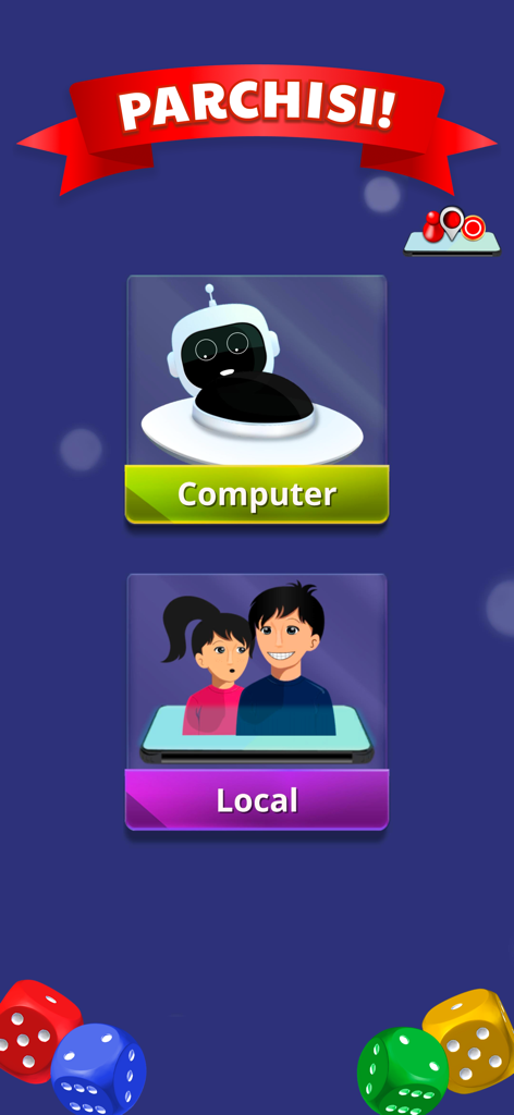 Pantalla de inicio del juego móvil Parchís mostrando los modos multijugador contra el ordenador y local.