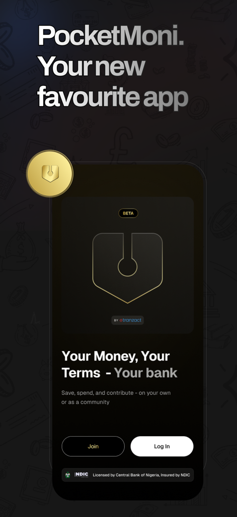 PocketMoni - Pantalla de bienvenida a la aplicación de banca digital PocketMoni con botones Unirse e Iniciar sesión