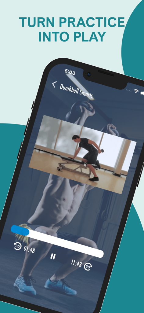 Fitivity Hockey Training - Smartphone displaying a hockey training app with a video demonstration of a dumbbell exercise