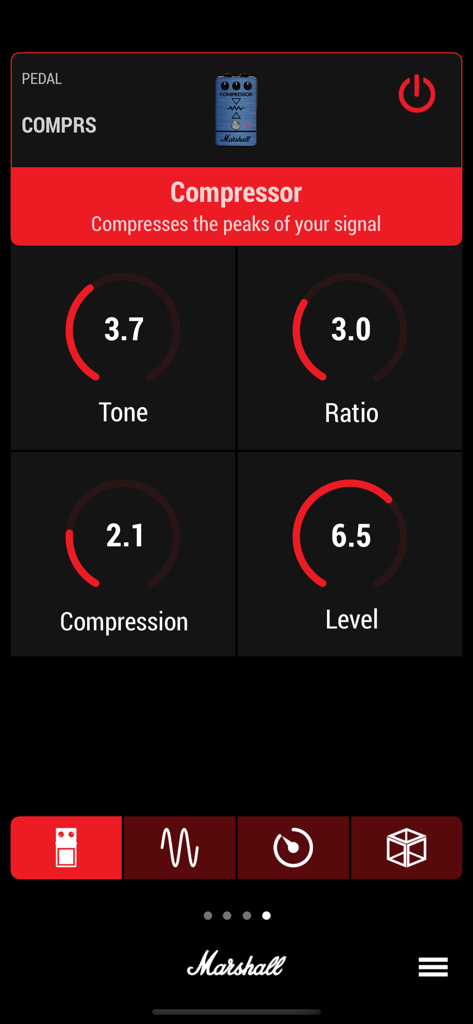 Marshall Gateway - Marshall Gateway app interface showing adjustable settings for a guitar compressor pedal including tone and ratio