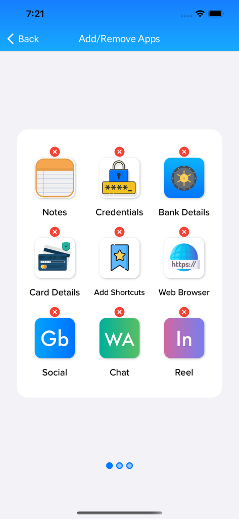 Interface do aplicativo mostrando atalhos para notas privadas, detalhes bancários e clones de contas de mídia social.