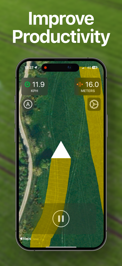 Smartphone exibindo o aplicativo Tractor GPS com orientação de campo e mapeamento por satélite para melhorar a produtividade da fazenda