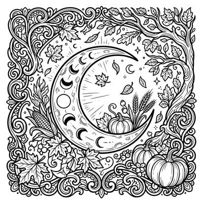 Immerse yourself in the captivating blend of celestial wonder and autumnal abundance with this unique Gothic Moon coloring page. It offers a perfect canvas for those who love intricate designs and the magical aura of the harvest season.