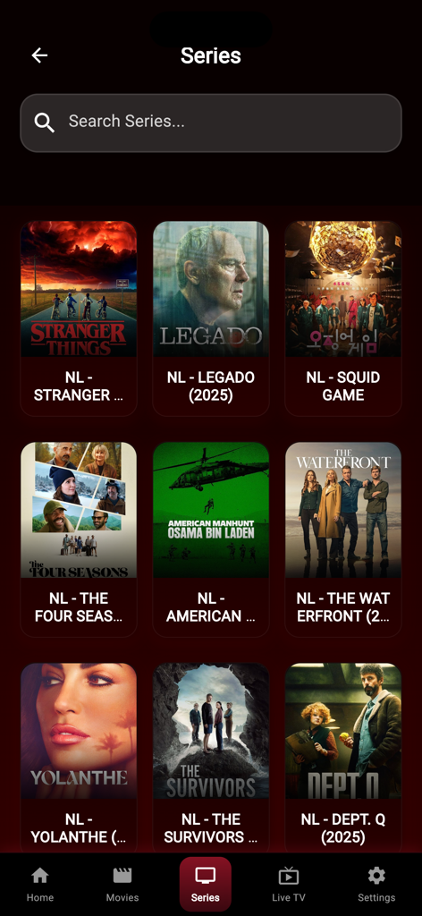 XCinemaTv - XCinemaTv app series section showing a grid of popular TV shows posters on a dark interface