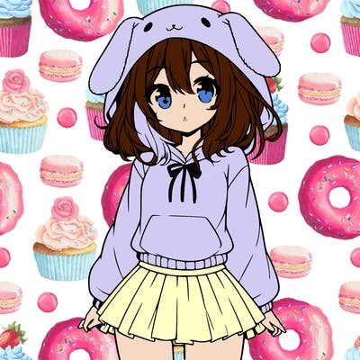 pretty anime girl wearing a fluffy hoodie with bunny ears on the hood and a skirt