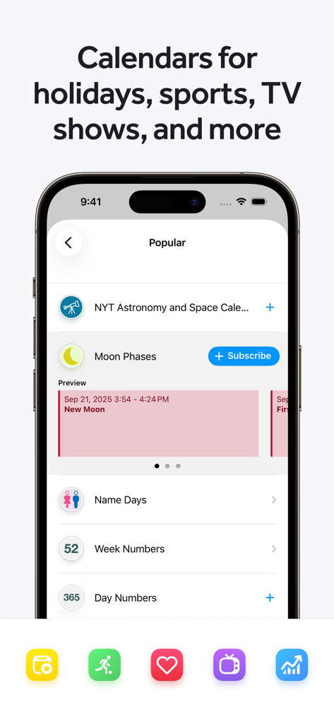 iPhone screen showing Fantastical Calendar subscription options for holidays, sports, and TV shows.