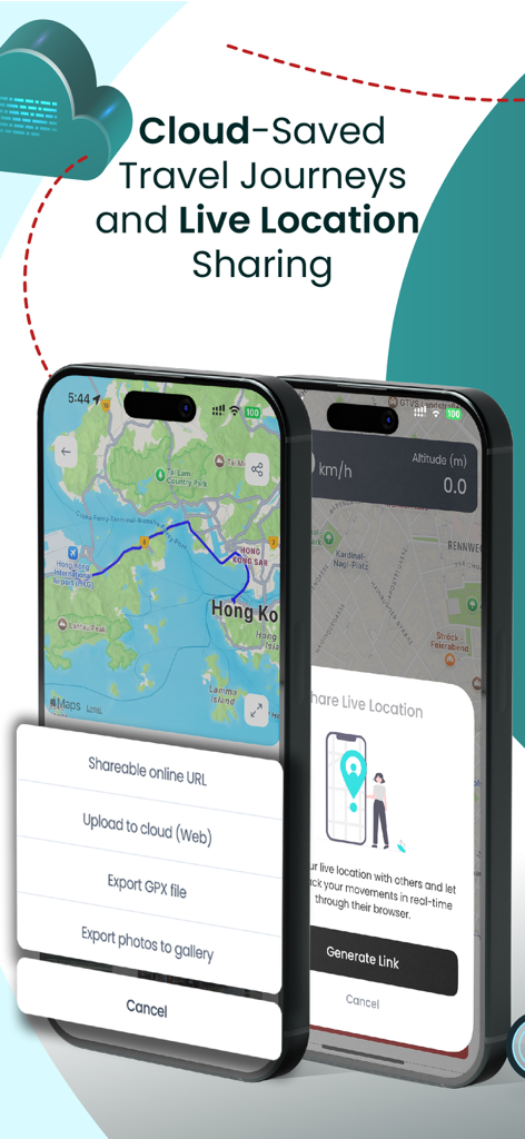 Track My Journey - Trip Logger - Track My Journey app showing cloud trip saving and live location sharing features on a smartphone screen