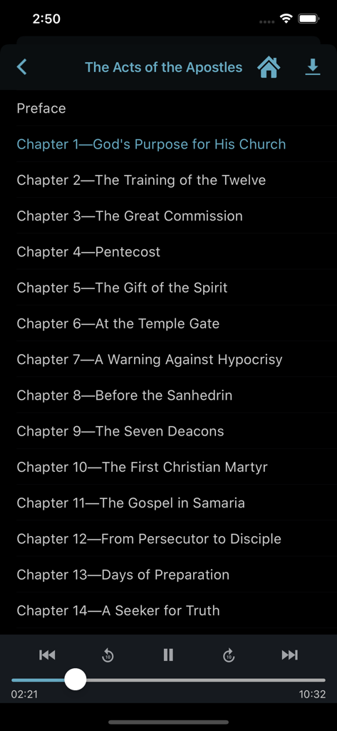 EGW Writings 2 - Sumário do livro Atos dos Apóstolos com reprodutor de áudio no aplicativo EGW Writings 2
