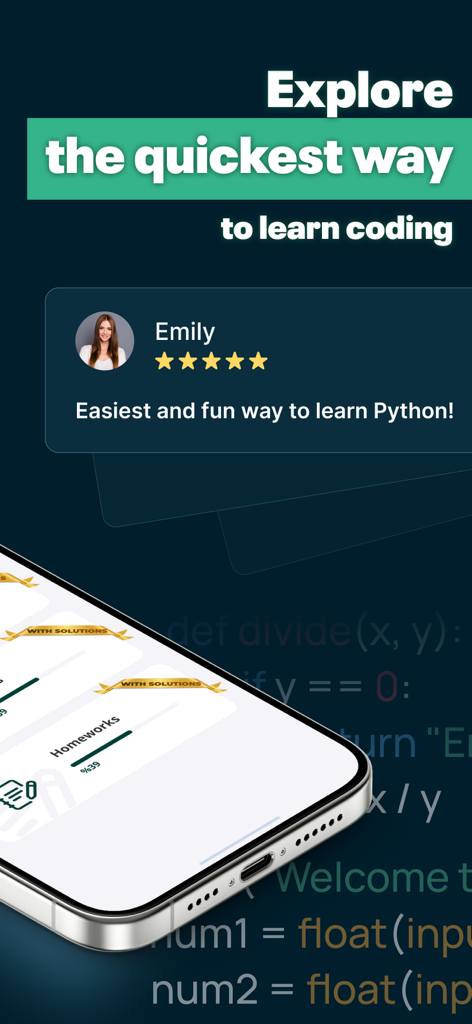 Learn Python・Ocean－AI Compile - Mobile app screen showing a five star review and a message about the quickest way to learn Python coding.