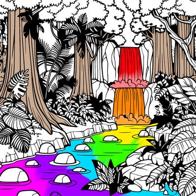 rainforest with exotic plants, waterfall