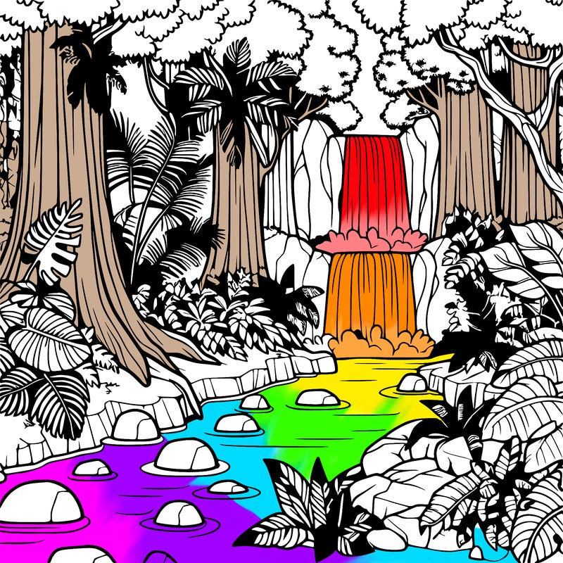 rainforest with exotic plants, waterfall