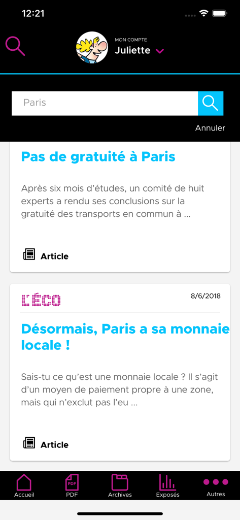 L'ÉCO - L'ECO app search interface showing economic news articles about Paris for students