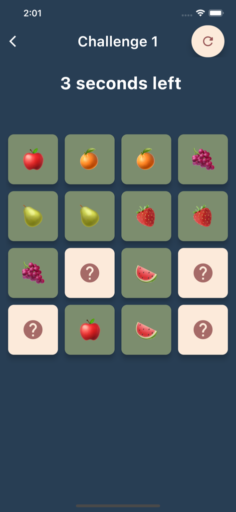Memory Games: Match Pairs Card - Fruit themed card matching game interface showing apples grapes and strawberries in a grid