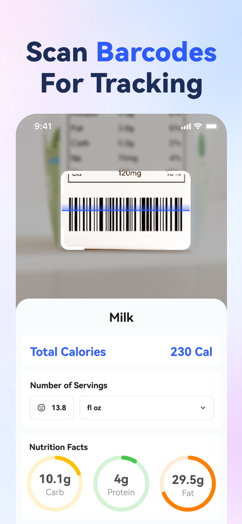 AI Calorie Counter - Appediet - La aplicación Appediet escanea un código de barras de alimentos para mostrar las calorías totales y el desglose de macronutrientes de la leche