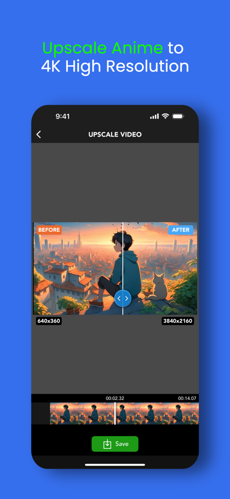 Before and after comparison of an anime video upscaled to 4k resolution using UpRes AI