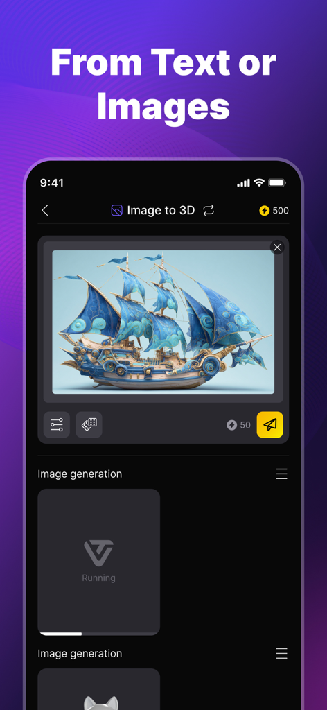 Interfaz de Tripo AI que muestra una imagen de un barco azul utilizada para generar un modelo 3D