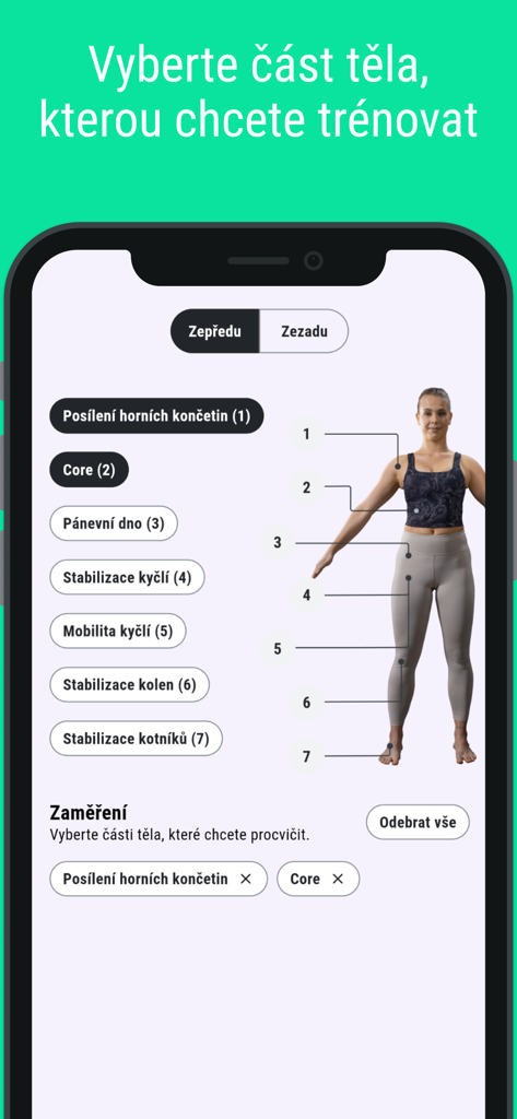 Kini - Interface of the Kini app showing an interactive human model to select specific body parts for a custom workout session