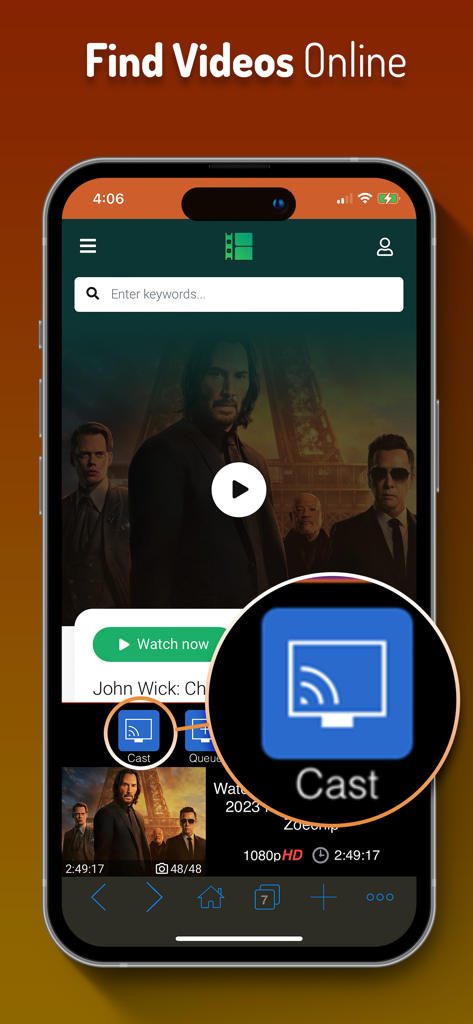 iWebTV PRO - iWebTV PRO app interface on a smartphone showing how to find and cast online videos to a TV