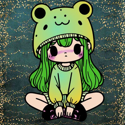 a girl wearing a frog hat and some frog socks