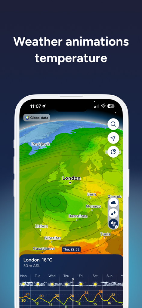 Fluid Meteo – Weather Forecast - Fluid Meteo app showing a 3D temperature animation map over Europe with London weather forecast details