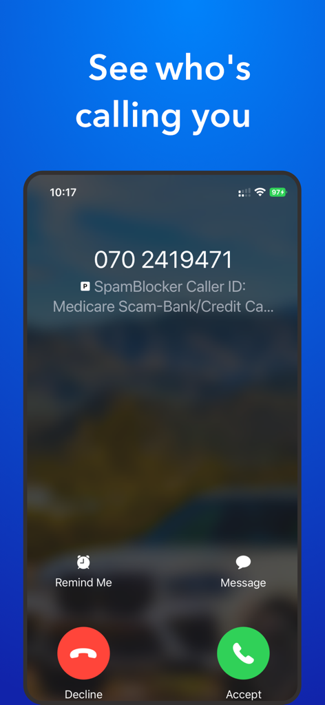 Call Filter - Caller ID - An iPhone screen displaying a caller ID alert identifying an incoming call as a Medicare scam.