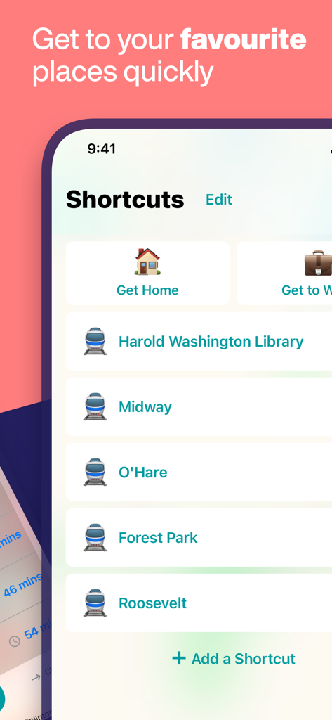 Chicago L Metro Map - Chicago L Metro Map app screen showing personalized transit shortcuts to favorite destinations like O'Hare and Midway airports.