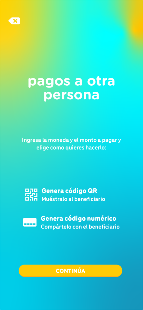 YOLO - Pantalla de la app YOLO mostrando opciones para pagar a otra persona usando un código QR o un código numérico