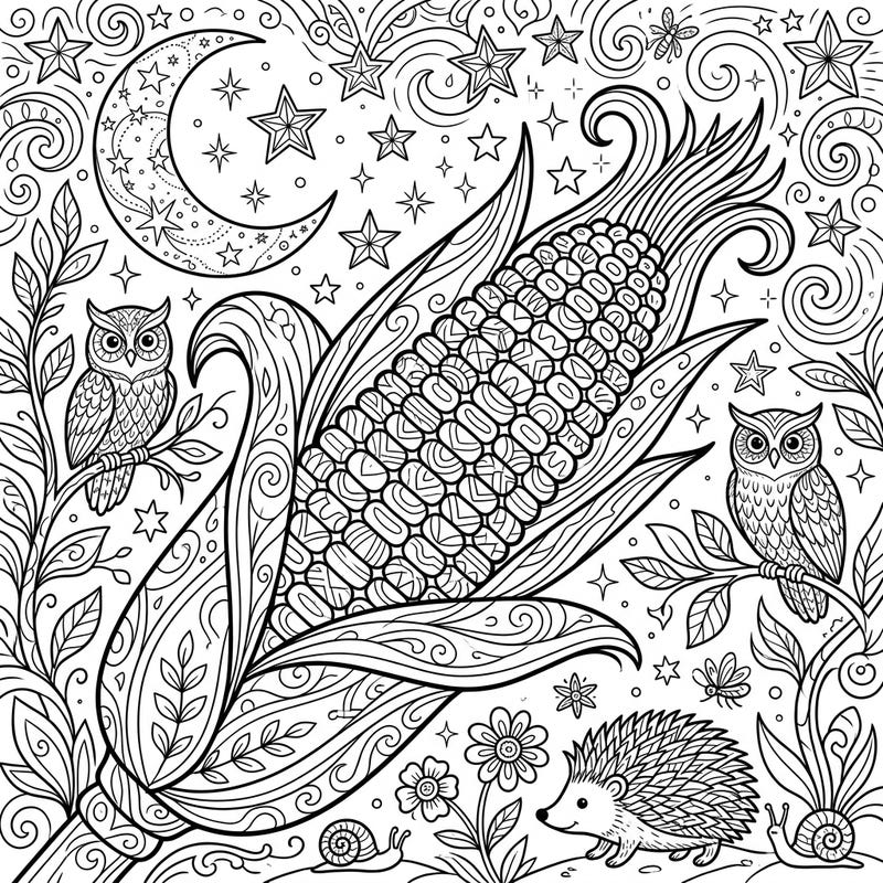 Discover tranquility with this detailed adult coloring page featuring a bountiful corn cob under a magical night sky. This intricate design, complete with nocturnal creatures, offers a unique opportunity for mindful relaxation and creative expression.
