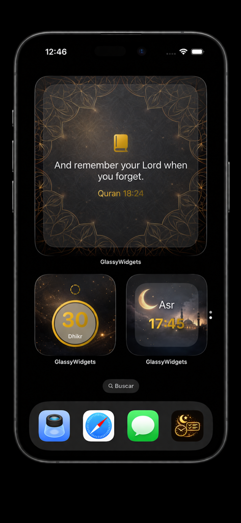 Glassify Widgets & Themes - iPhone home screen featuring aesthetic Islamic widgets for Quran quotes, dhikr counter, and prayer times.
