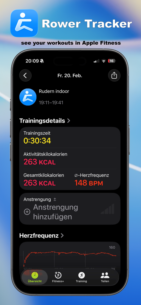 Rower Tracker - Rower Tracker app interface showing indoor rowing stats including duration calories and heart rate graph