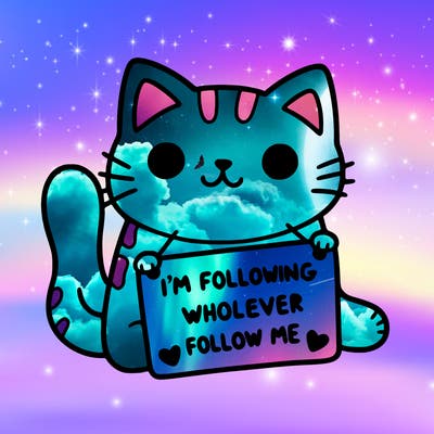 cat with a sign that says i’m following whoever follows me