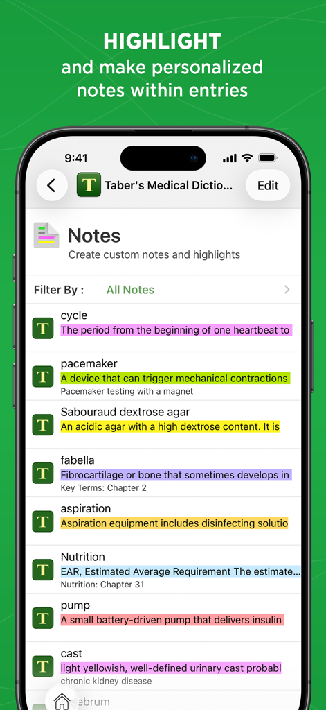 Taber's Medical Dictionary - Tabers Medical Dictionary app interface showing personalized notes and highlighted entries