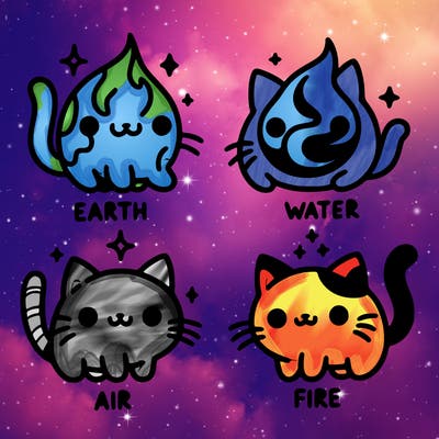 4 cats that represent the different elements, earth, water, air, and fire