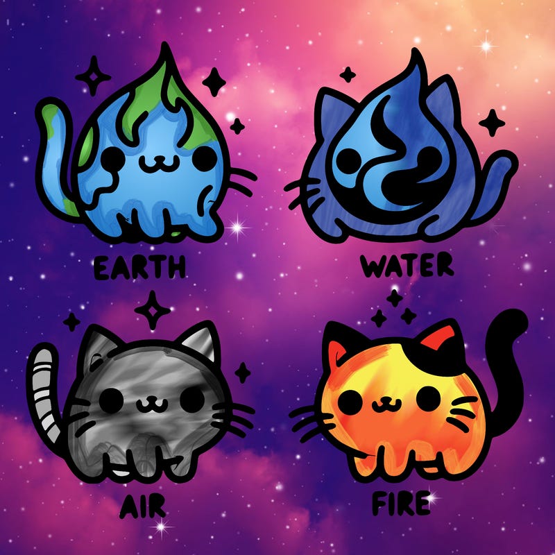 4 cats that represent the different elements, earth, water, air, and fire