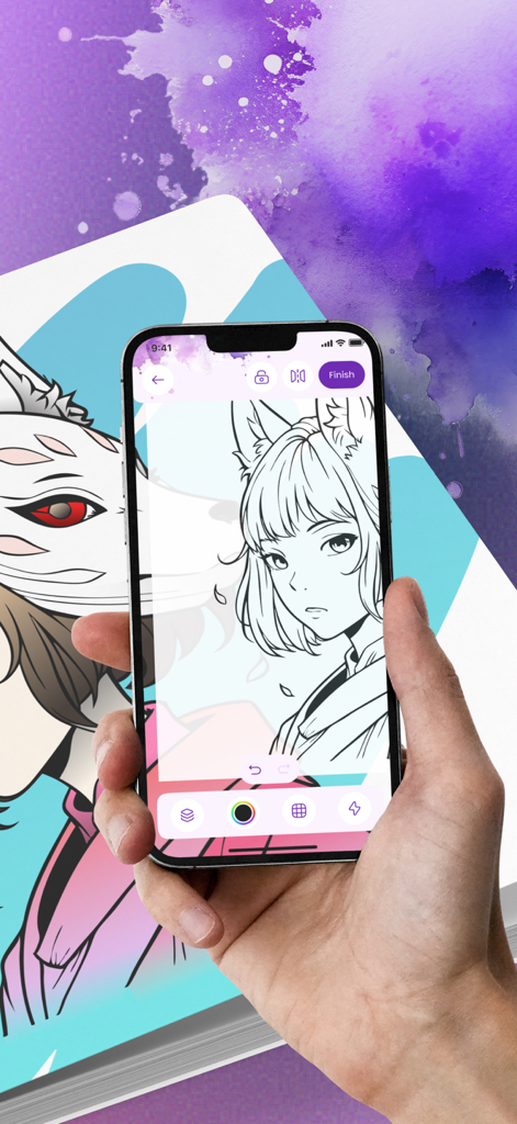 A hand holding a smartphone using the AR Drawing app to trace an anime character onto paper