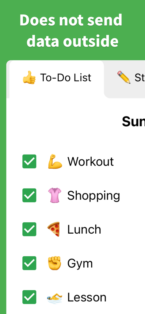 Interface of the Daily Checklist app showing a completed to-do list with emojis and a banner highlighting data privacy.