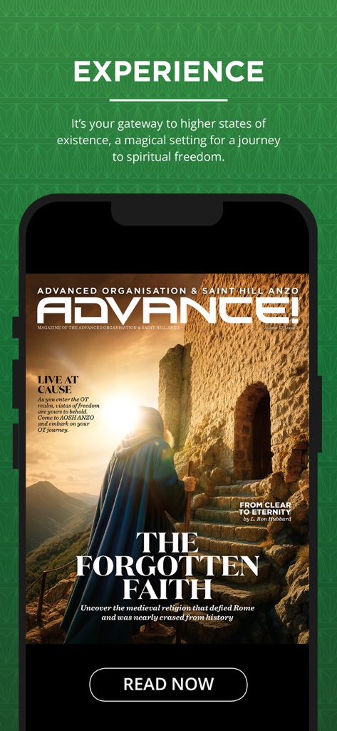 Advance! ANZO - A smartphone displaying the Advance! ANZO magazine cover titled The Forgotten Faith with a call to action to read now.